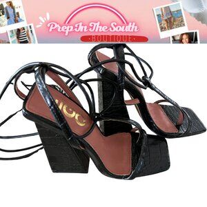 EGO Black Faux Croc Lace-Up Block Heels  Sz 5.5